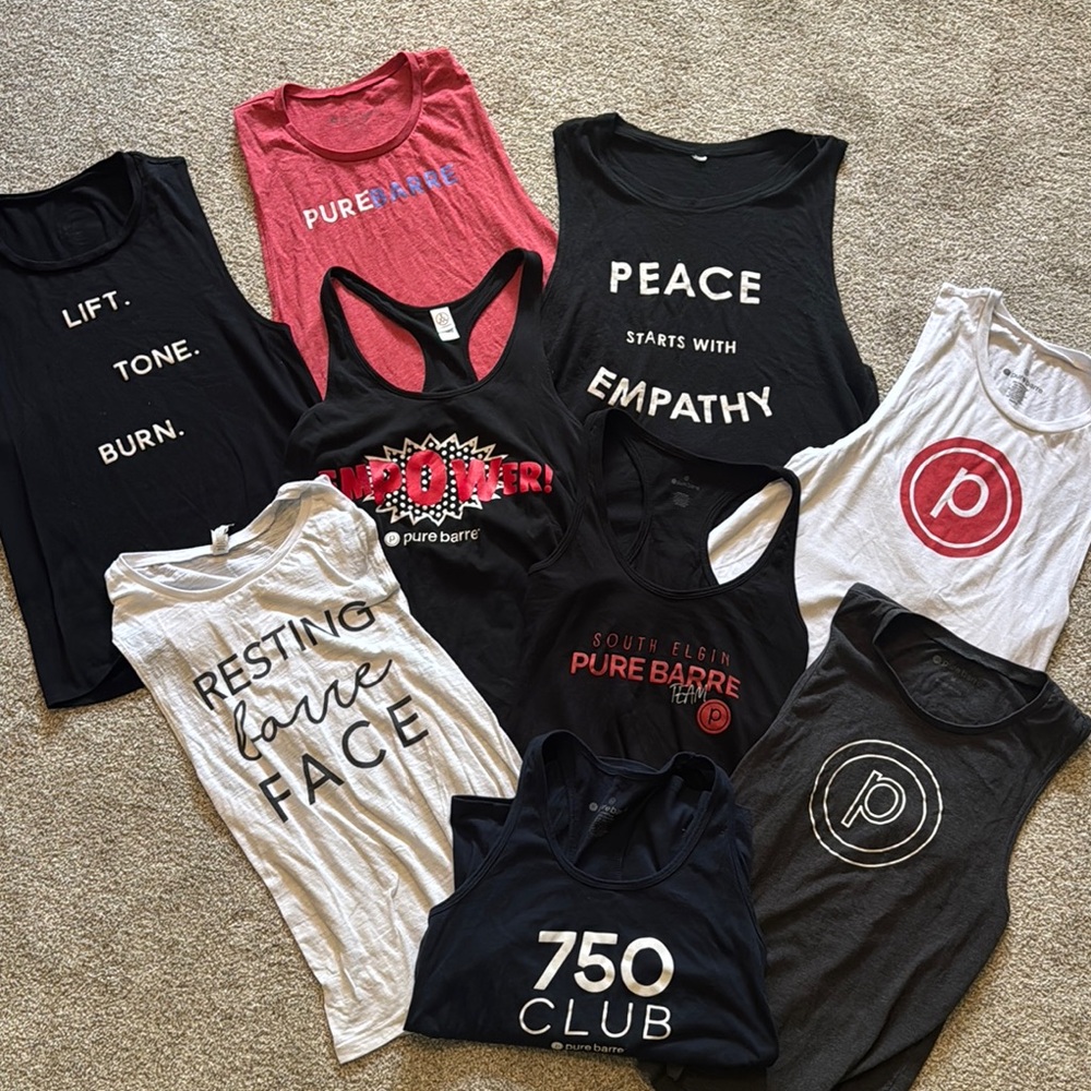Pure Barre Graphic Tank Tops Lot  - 9 Tank Tops, Medium and Small